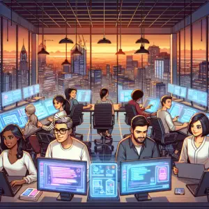 Imagine an image that fuses the contemporary, technological aura of a sleek office with the friendly and team-oriented atmosphere depicted by cartoon-inspired digital illustrations. Visualize a large, modern workspace bathed in the warm light of a city at sunset, viewed through extensive panoramic windows. Inside, portray a mixed group of animated characters consisting of a South Asian female, Black male, Hispanic woman, Middle-Eastern man, and a Caucasian male, all engaged with a no-code software development platform, displaying intuitive drag-and-drop interfaces on their screens. The scene should integrate the sophisticated feel of neon-lit data analytics with the inviting, user-friendly allure of no-code tools. Highlight the sense of empowerment and inclusivity of no-code development in a digital agency context, where technology intersects with imagination, accessible to all.